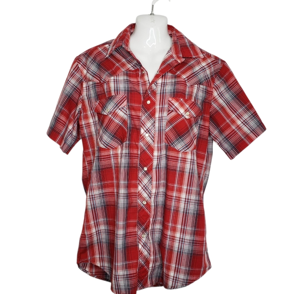 Wrangler Short Sleeve Shirt Top Medium Women's Western Pearl Snap Red Plaid